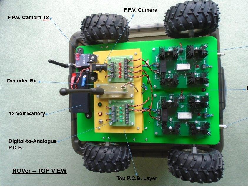 ROVer Top View, showing FPV camera, decoder and 12V battery