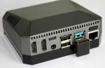 Argon One M.2 Rear Panel with Power button, 1 x USB 3, 2 x USB 2, Gigabit Ethernet Port, power, audio and HDMI ports